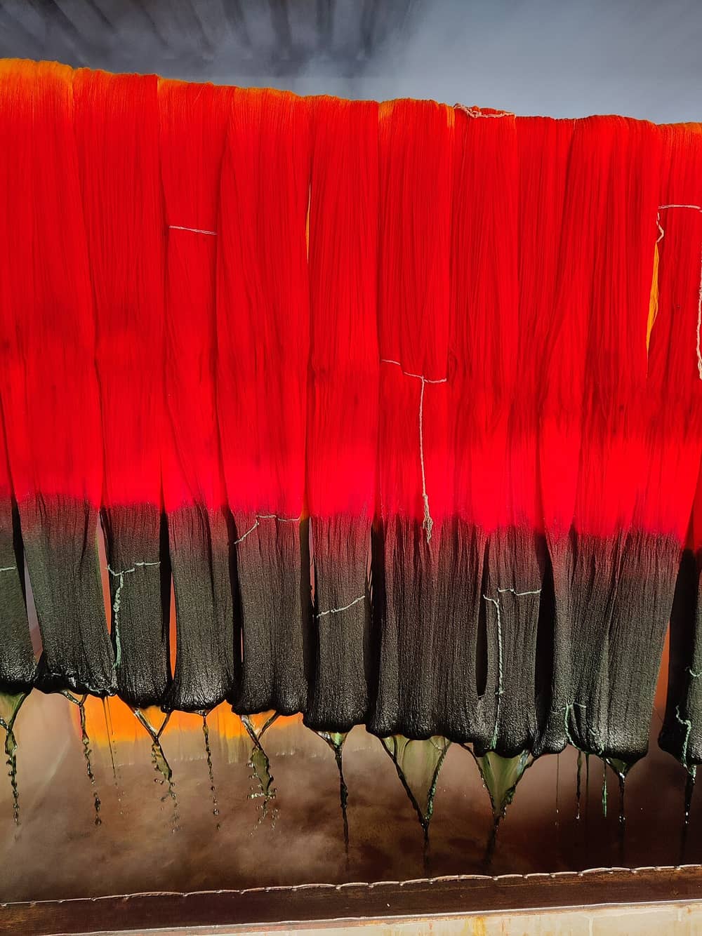 Freshly dyed yarn hung up to dry